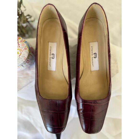 Etienne Aigner Burgundy Croc-Embossed Heels, Classic Vintage Style - Picture 8 of 12